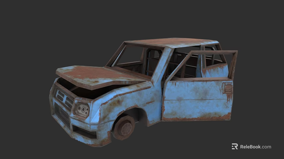 Old Rusty Car With Open Doors Damaged Hood And Weathered Body 3d model 