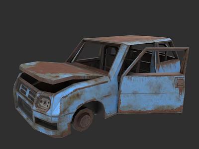 Old Rusty Car With Open Doors Damaged Hood And Weathered Body 3d model