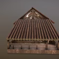 Traditional Wooden Building With Sloped Roof Porch And Carved Wooden Walls