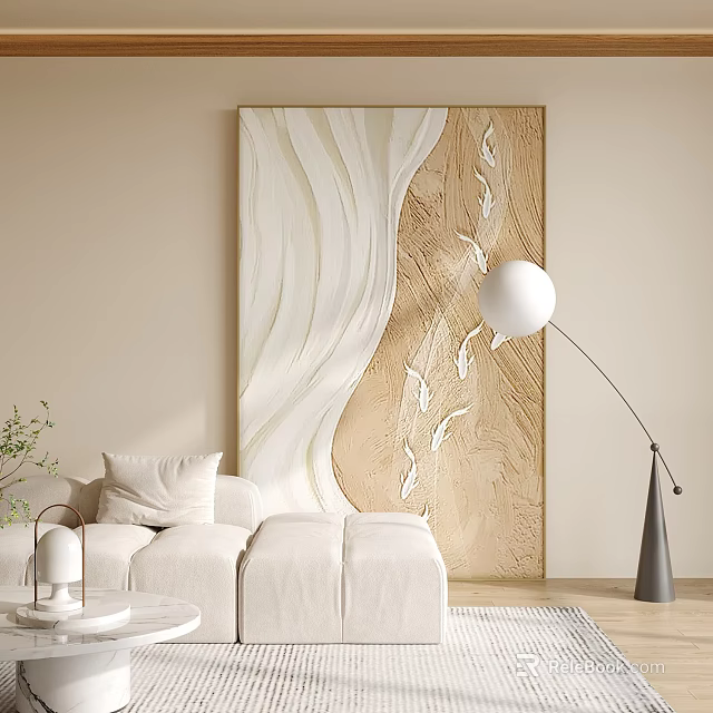Cozy Living Room With Neutral Sofa Large Abstract Art And Floor Lamp 3d model 