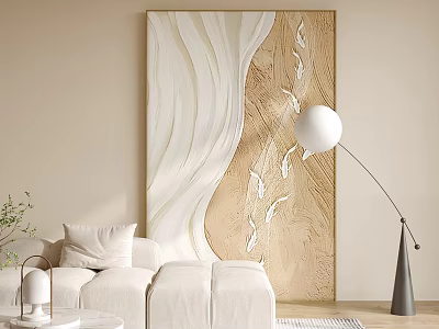 Cozy Living Room With Neutral Sofa Large Abstract Art And Floor Lamp 3d model