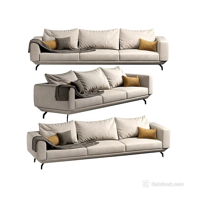 Modern Light Gray Three Seater Sofa with Gray Orange Pillows Throw Blanket and Black Legs 3d model 