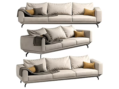 Modern Light Gray Three Seater Sofa with Gray Orange Pillows Throw Blanket and Black Legs 3d model