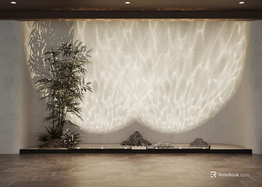 Feature Wall Design With Textured Light Pattern Bamboo Plant And Stones Interior 3d model 