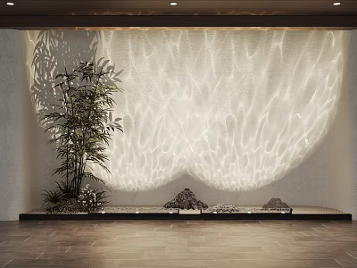 Feature Wall Design With Textured Light Pattern Bamboo Plant And Stones Interior 3d model