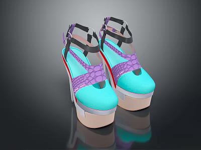 Fashionable Platform Sandals with Teal Purple Snake Print Straps and Thick Stylish Soles 3d model