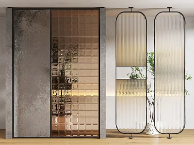 Modern Interior Glass Room Dividers With Grid Pattern And Curved Panels Design 3d model