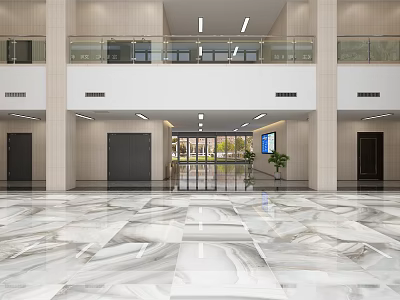 Elegant Front Desk Reception Lobby With Two Story Design Marble Floor Elevators And Glass Doors 3d model