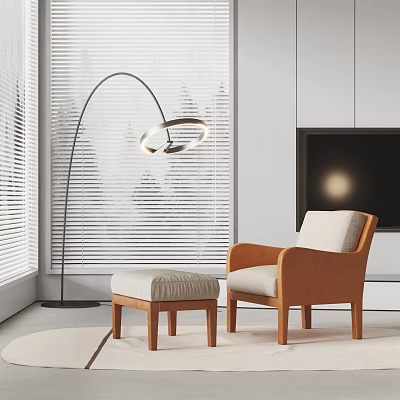 Stylish Brown Lounge Chair With Matching Ottoman Arched Floor Lamp White Blinds And Minimalist TV Wall In Modern Living Room 3d model