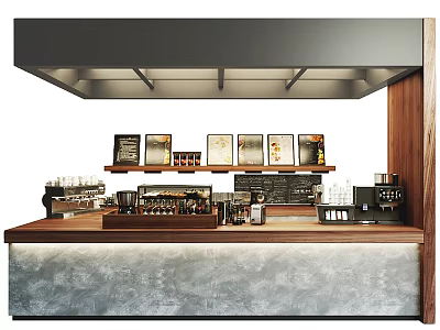 Modern Café Counter Interior With Coffee Machines Display Shelves And Decorative Posters 3d model