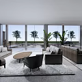 Modern Leisure Area Interior Design With Plush Sofa Round Coffee Tables And Potted Plants