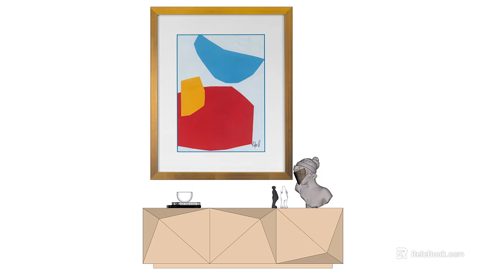 Interior With Golden Framed Abstract Geometric Art Blue Yellow Red And Beige Cabinet Items 3d model 