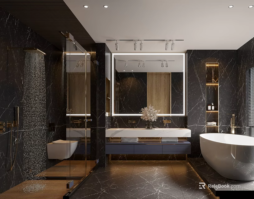 Modern Bathroom Interior With Black Marble Walls Wooden Accents Glass Shower And White Bathtub 3d model 