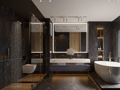Modern Bathroom Interior With Black Marble Walls Wooden Accents Glass Shower And White Bathtub 3d model