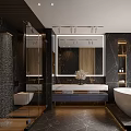 Modern Bathroom Interior With Black Marble Walls Wooden Accents Glass Shower And White Bathtub