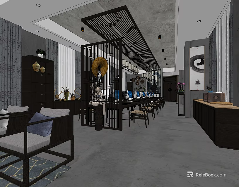 Modern Public Office Area With Wooden Furniture And Spacious Layout Design 3d model 
