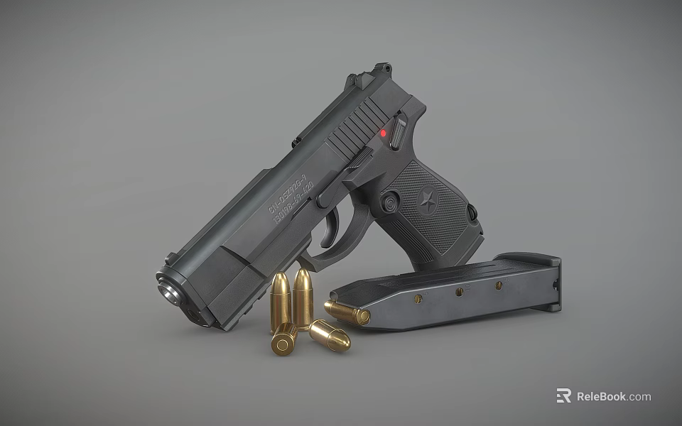 Black tactical handgun with brass bullets and magazine displayed on gray surface 3d model 