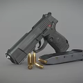 Black tactical handgun with brass bullets and magazine displayed on gray surface