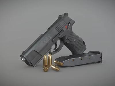 Black tactical handgun with brass bullets and magazine displayed on gray surface 3d model