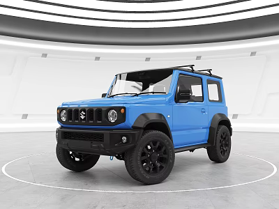 Blue Suzuki Jimny Compact SUV With Roof Rack And Black Wheels In Modern Indoor Showroom 3d model