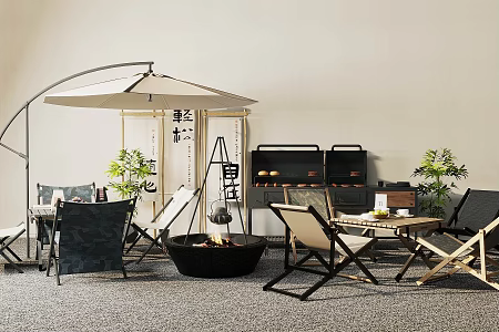 Camping Style Cafe Rest Area Camping Table and Chair Natural Camping Style Milk Tea Shop Green Plant Pile Outdoor Table and Chair Camping Light Camping Chair Outdoor Parasol 3d model