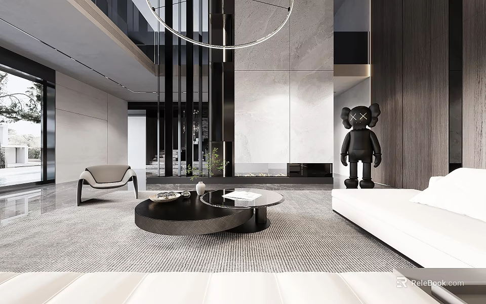 Modern Duplex Living Room With Minimalist Design And Art Sculpture 3d model 