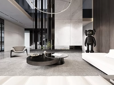 Modern Duplex Living Room With Minimalist Design And Art Sculpture 3d model