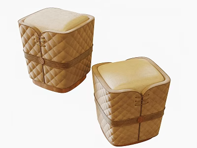 Beige Upholstered Sofa Stools With Quilted Diamond Pattern And Straps For Living Room 3d model