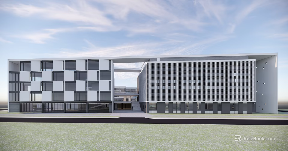 Modern School Building With White Gray Exterior Large Glass Windows Corridor And Lawn Area 3d model 