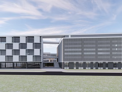 Modern School Building With White Gray Exterior Large Glass Windows Corridor And Lawn Area 3d model