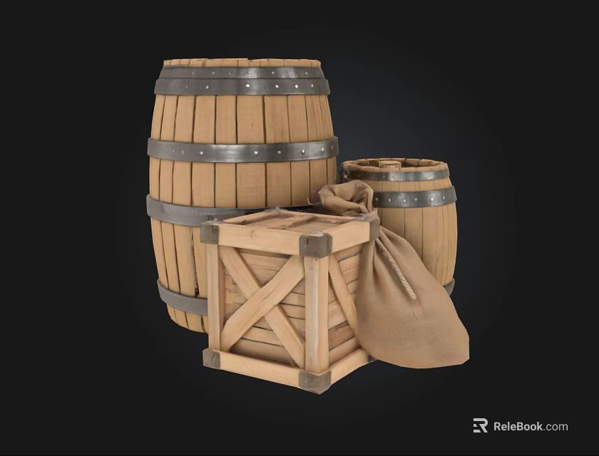 Rustic Wooden Storage Barrels Crate And Burlap Sack For Vintage Storage Furniture 3d model 