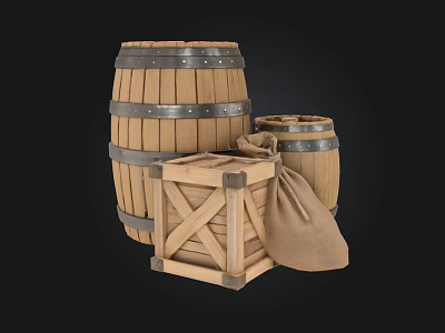 Rustic Wooden Storage Barrels Crate And Burlap Sack For Vintage Storage Furniture 3d model
