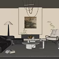 Modern Living Room Interior with Black Sofa Fireplace Pendant Light Coffee Table and Accent Chairs