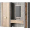 Modern Washbasin Area with Wooden Cabinet Gray Tile Wall Mirror and Gold Shelf