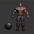 Muscular Game Character With Mechanical Arm Striped Pants And Iron Ball Weapon