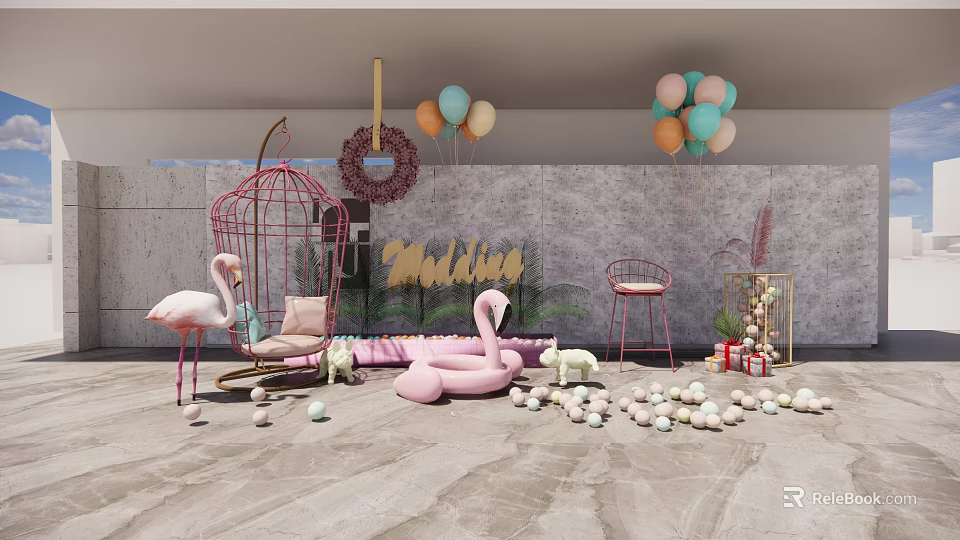 Wonderland Themed Party Setup With Pink Flamingo Decor And Colorful Balloons 3d model 