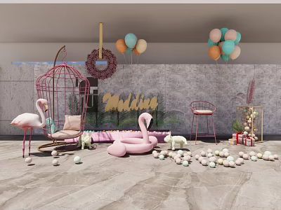 Wonderland Themed Party Setup With Pink Flamingo Decor And Colorful Balloons 3d model
