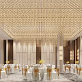 Luxurious Banquet Hall Interior With Crystal Chandeliers And Dining Table Chair Arrangements