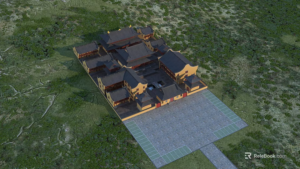 Ancient Chinese Architecture Traditional Courtyard Complex With Classic Roof Design Yellow Walls And Green Landscape 3d model 