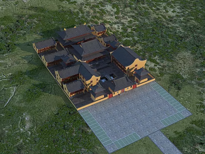 Ancient Chinese Architecture Traditional Courtyard Complex With Classic Roof Design Yellow Walls And Green Landscape 3d model