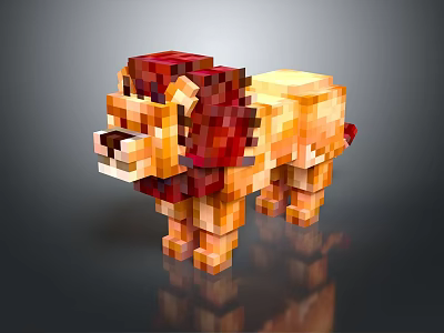 Pixel Art Lion Game Character 3D Model With Red Mane And Golden Body 3d model