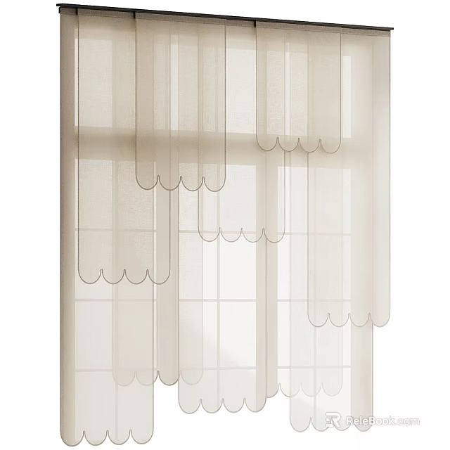 Beige Sheer Curtain With Scalloped Edges For Window Natural Light Filtering 3d model 