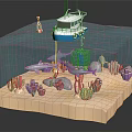 Cartoon Ocean Scene Transparent Cube with Above Water Boat Buoy and Underwater Shark Corals Diver Fish