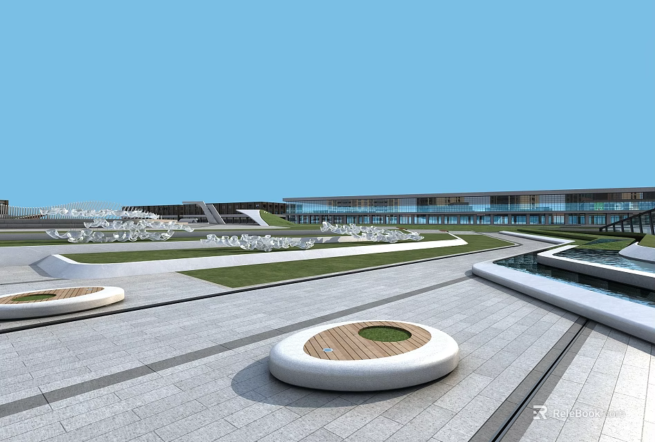 Plaza Landscape Design With Modern Building Circular Seats Gray Pavement Lawn Area And Water Pool 3d model 