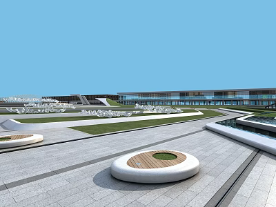 Plaza Landscape Design With Modern Building Circular Seats Gray Pavement Lawn Area And Water Pool 3d model