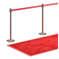 Red Square Carpet on Staircase with Metal Stanchions and Ropes for Elegant Look