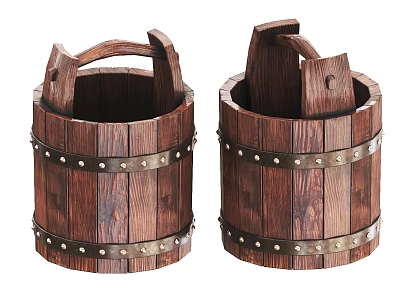 Vintage Wooden Buckets With Metal Rivets And Handles For Household Use 3d model
