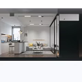 Modern Living Dining Room Interior With Gray Sofa TV Wall Marble Open Kitchen And Plants