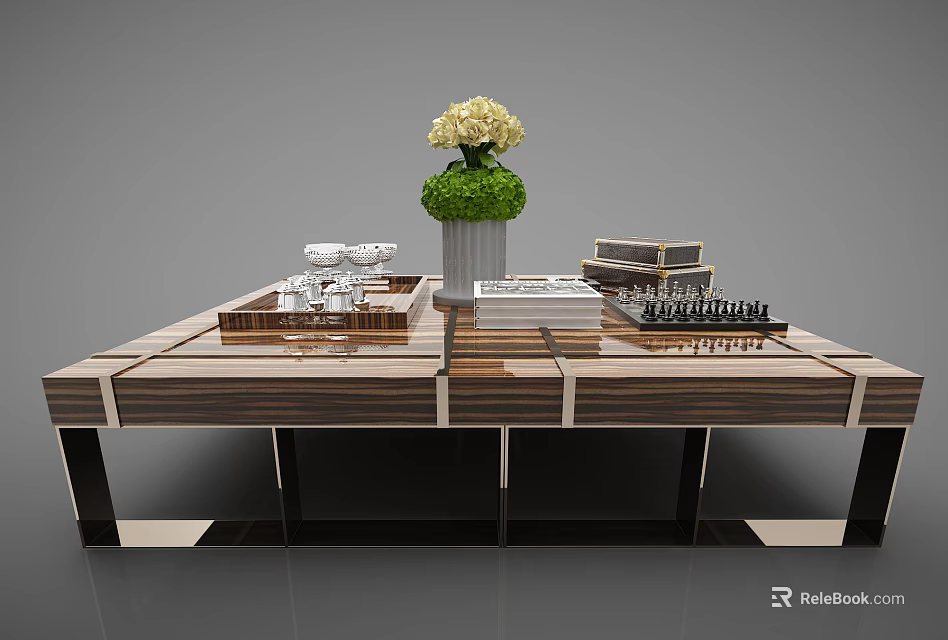 Elegant Modern Coffee Table with Wooden and Marble Surface Decorative Vase Books and Chess Set 3d model 