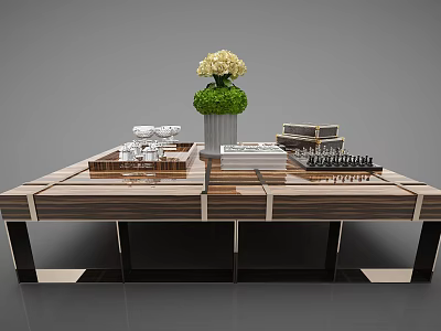 Elegant Modern Coffee Table with Wooden and Marble Surface Decorative Vase Books and Chess Set 3d model
